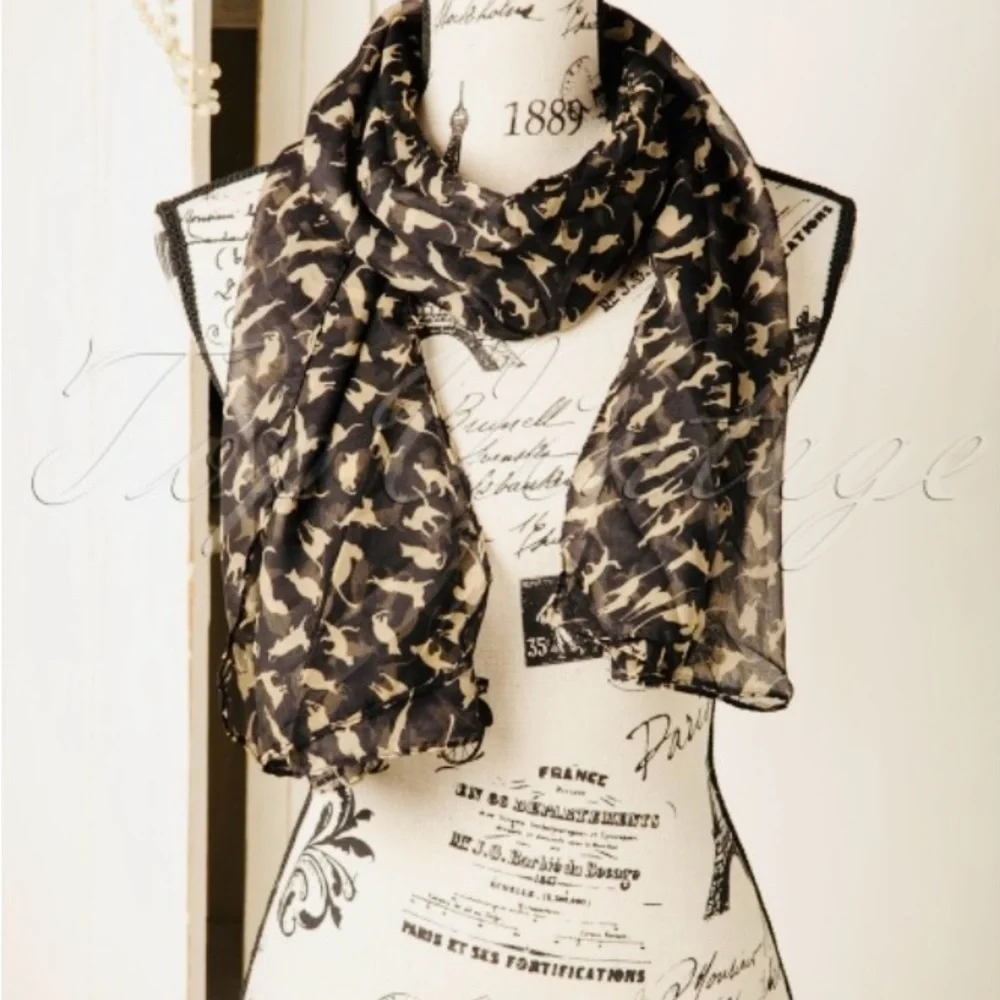 Scarf with Cat Design in Black and Beige EUC